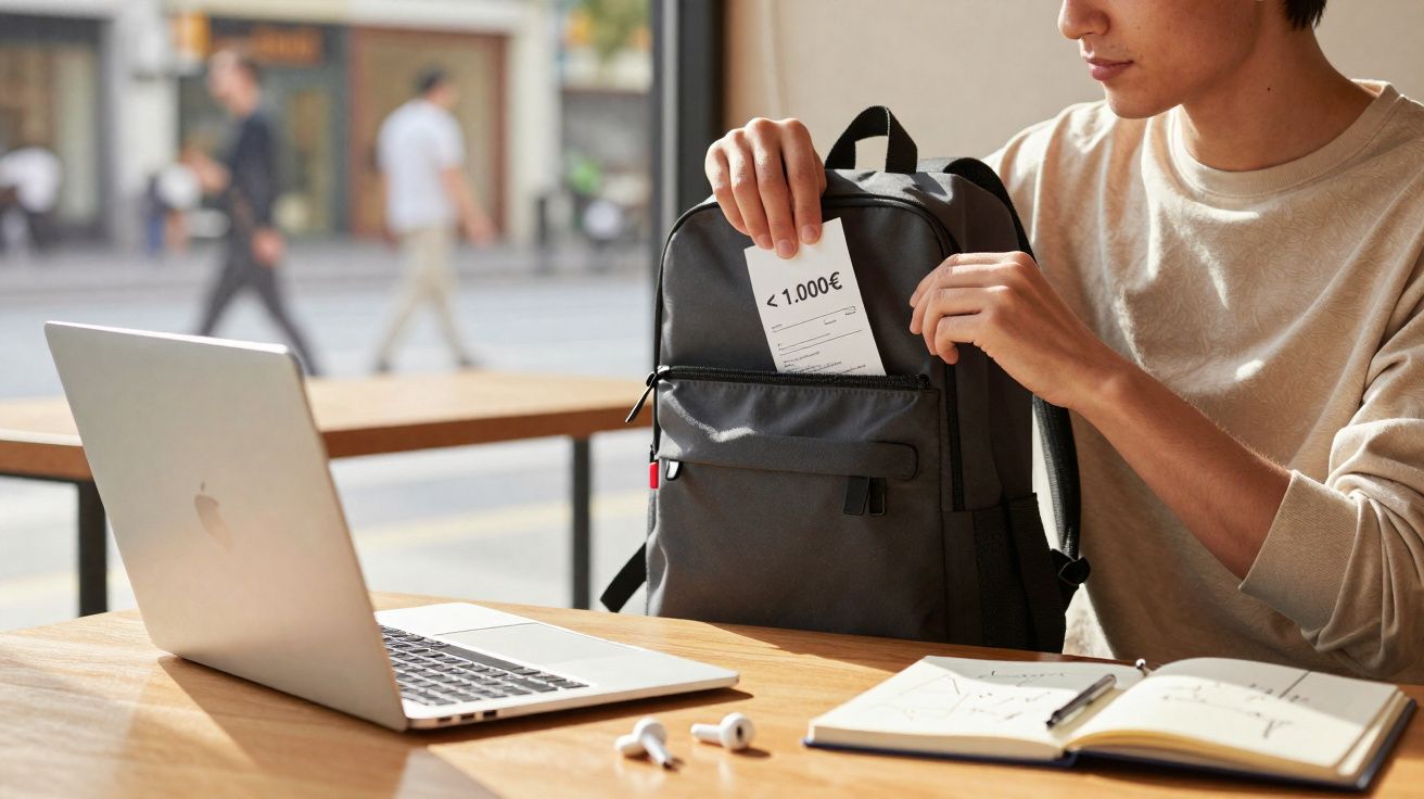 Pessoa guardando bilhete com valor em euros na mochila ao lado de notebook e caderno aberto sobre mesa.