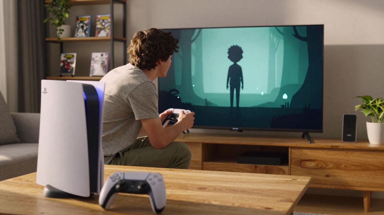 Jovem jogando videogame em TV grande com console PlayStation 5 e dois controles em sala aconchegante.