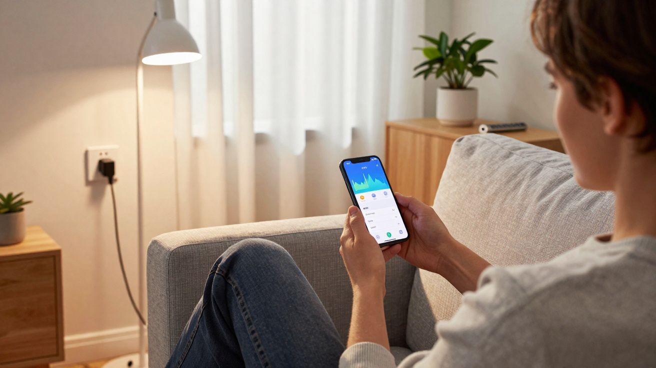 Pessoa sentada no sofá usando smartphone com aplicativo aberto em ambiente residencial aconchegante.