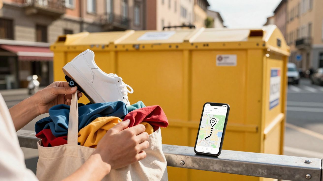 Pessoa retirando tênis branco de sacola com roupas coloridas ao lado de celular com mapa na tela.