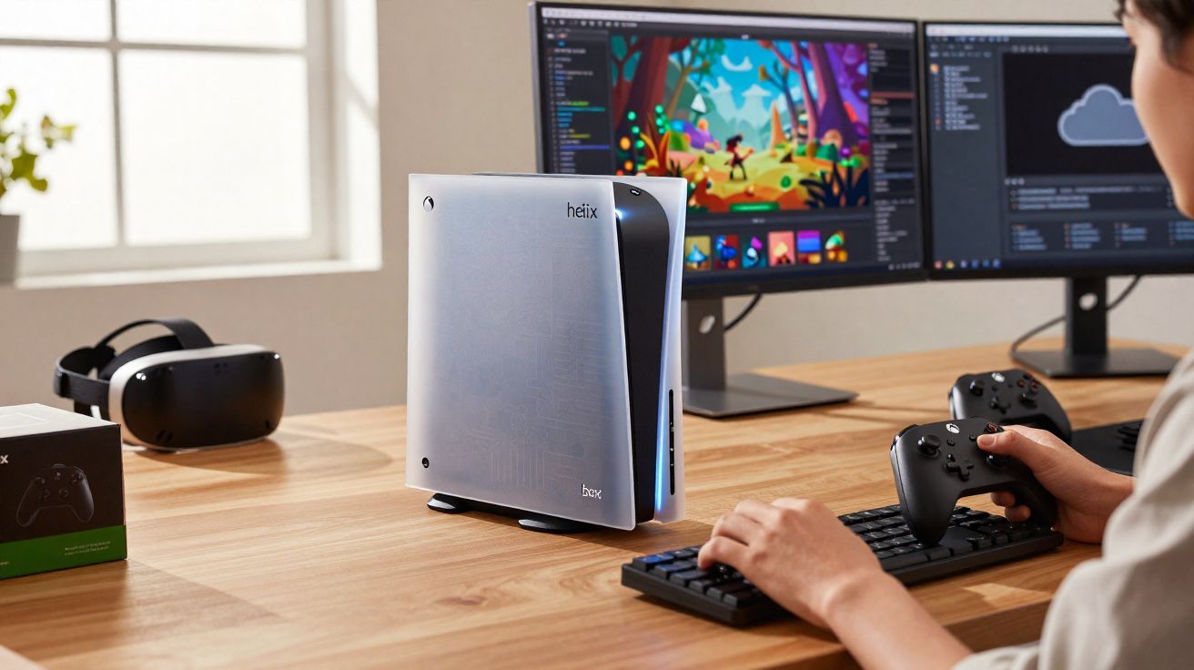 Pessoa usando controle e teclado em computador de mesa com headset de realidade virtual ao lado.