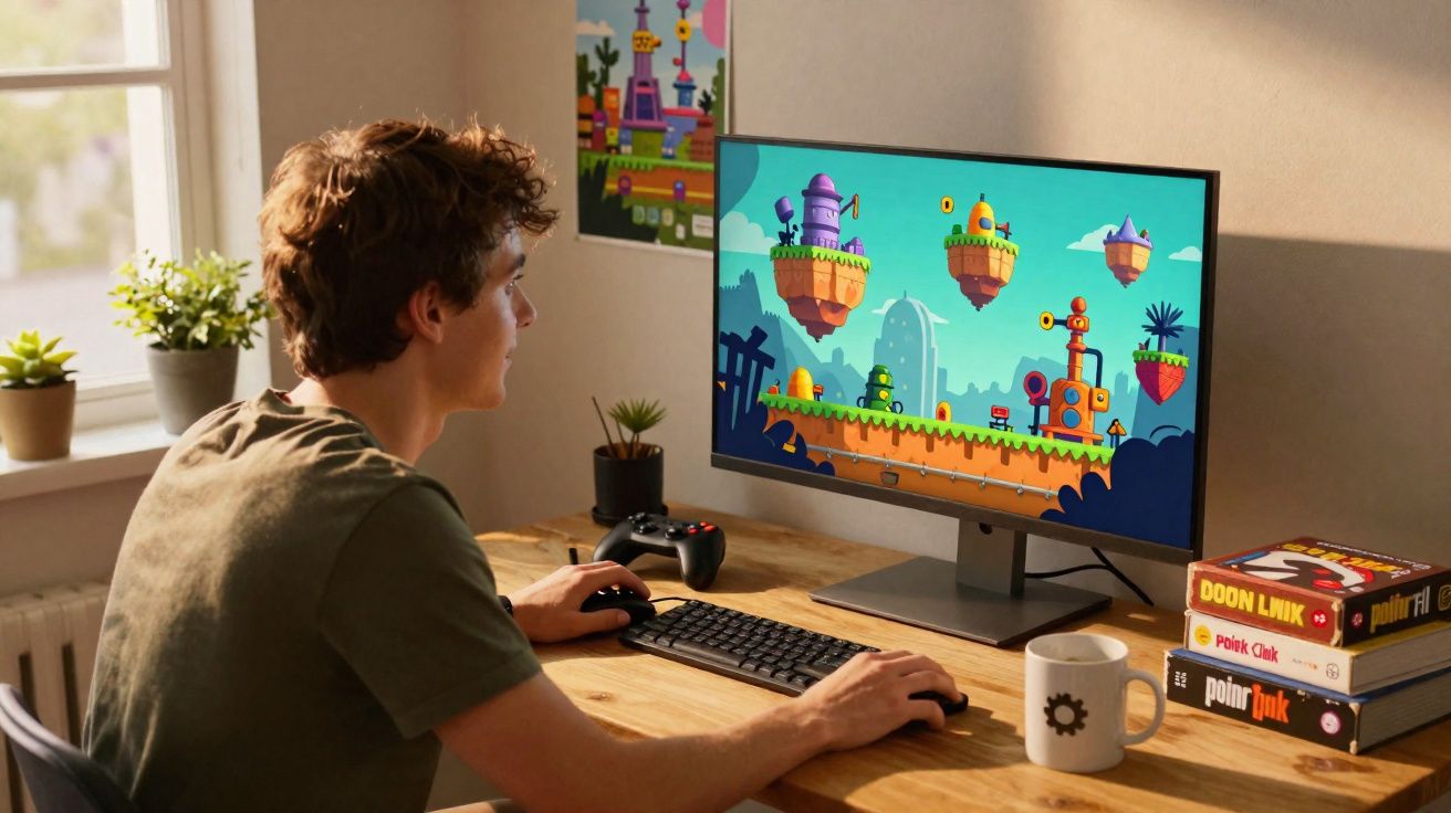 Jovem jogando videogame em computador com jogos empilhados e decoração moderna no ambiente.