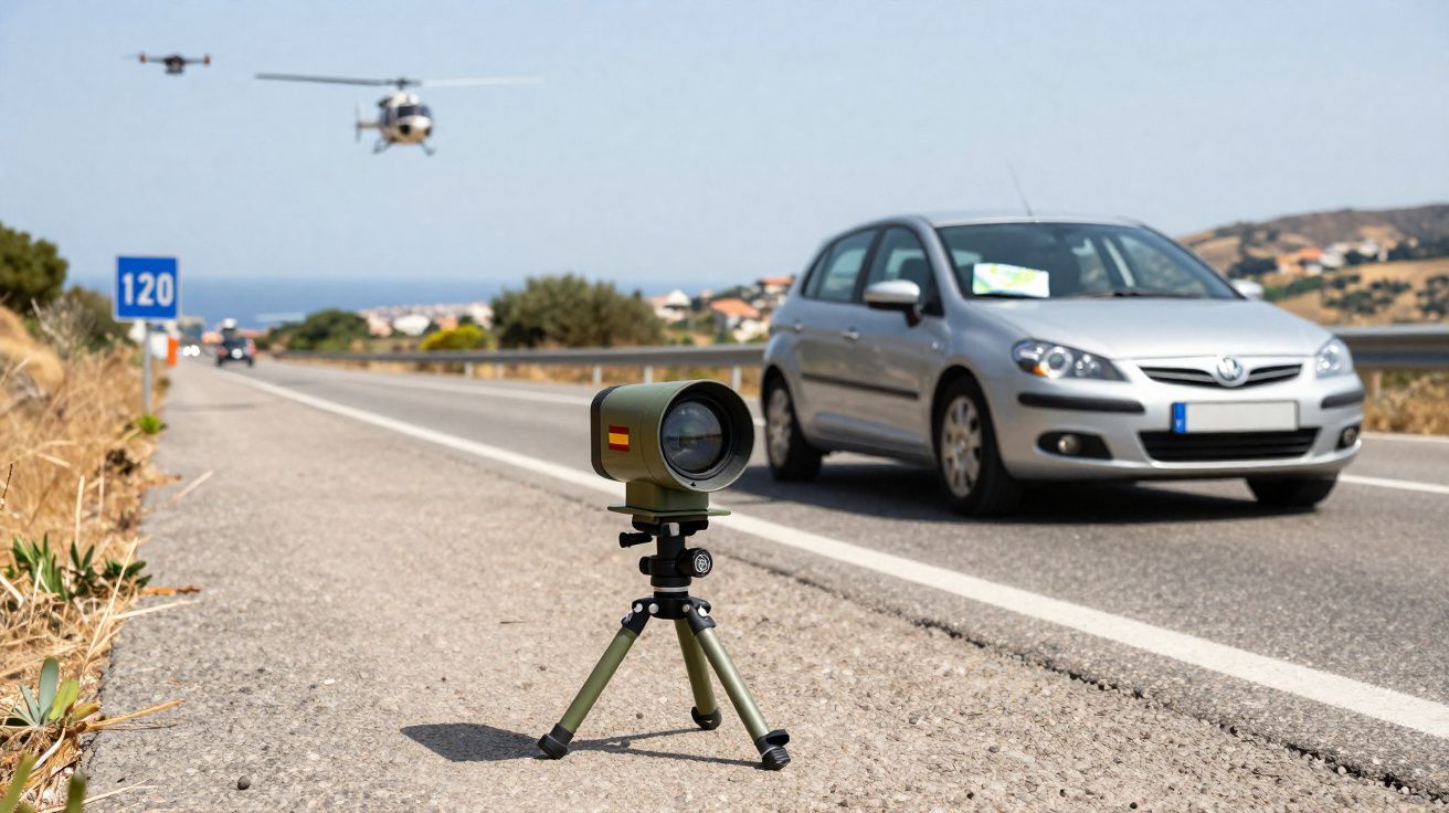 Radar de velocidade instalado à beira da estrada com carro prata e helicóptero ao fundo.