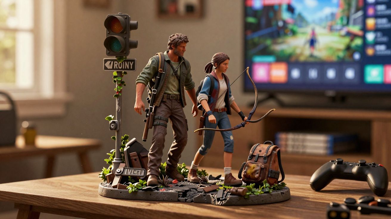 Miniaturas detalhadas de personagens de videogame com controle e televisão ao fundo sobre mesa de madeira.