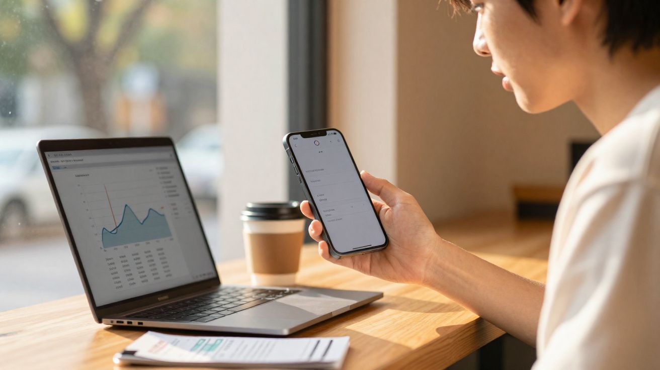 Pessoa segurando celular e olhando para a tela, com laptop aberto mostrando gráfico sobre mesa de madeira.