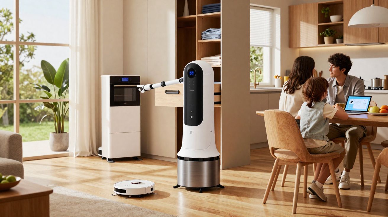 Robô doméstico branco com braço robótico em sala integrada, família sentada à mesa ao fundo.