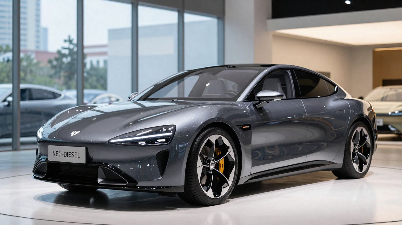 Carro esportivo cinza metálico estacionado em showroom moderno com vidros grandes ao fundo.