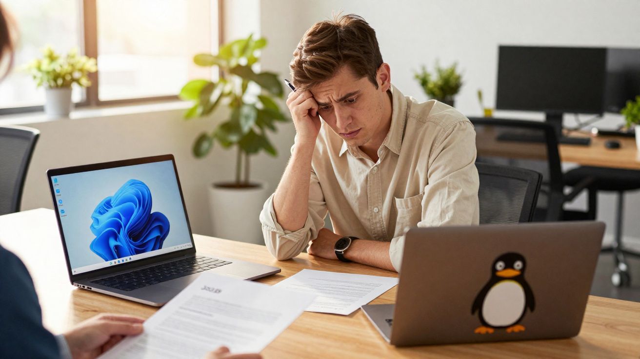 Homem preocupado analisando documentos em escritório com dois notebooks em sua mesa.