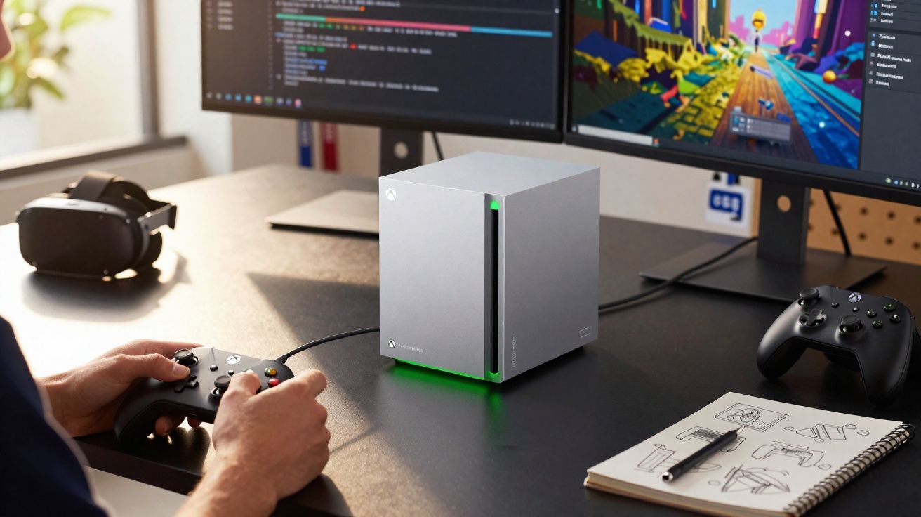 Consola Xbox Series X em mesa com dois monitores, controle, headset e caderno de anotações.