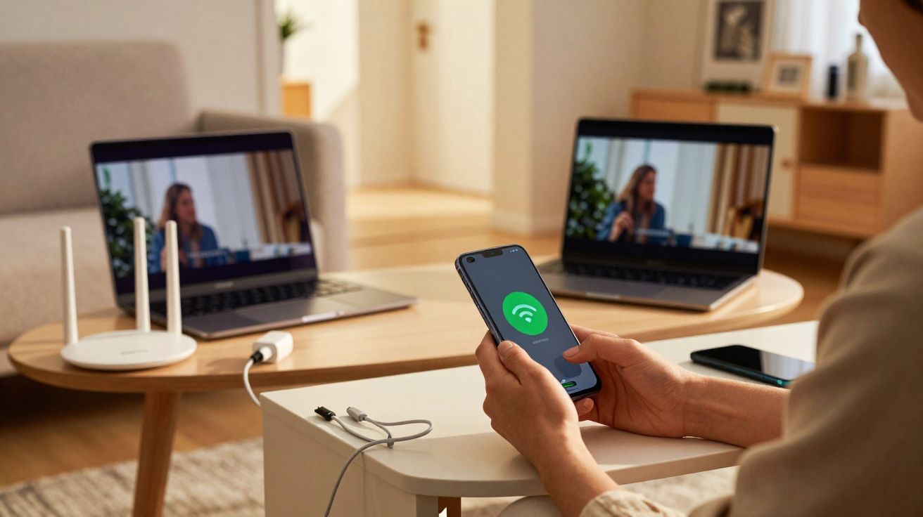 Pessoa segurando celular com ícone de Wi-Fi, dois laptops abertos em mesa de centro e roteador branco.