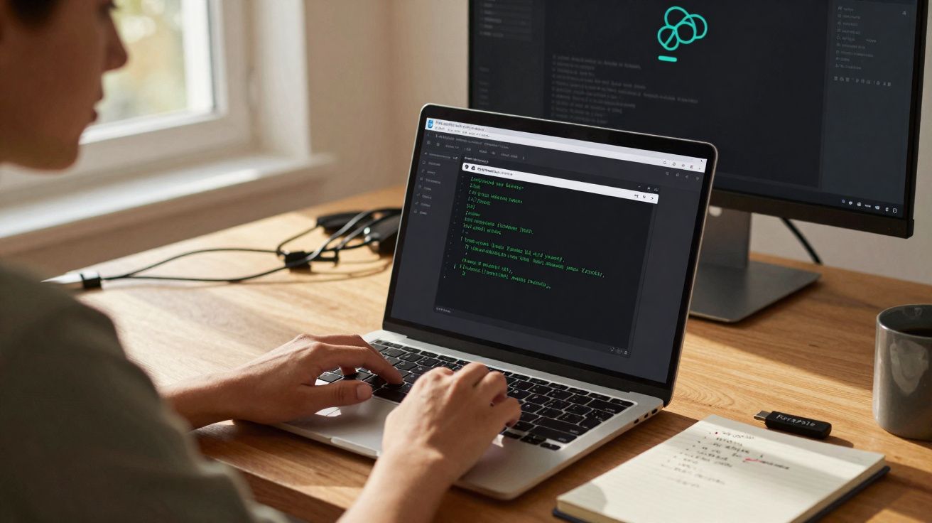 Pessoa programando código em laptop prateado numa mesa de madeira com caderno, caneca e monitor extra.
