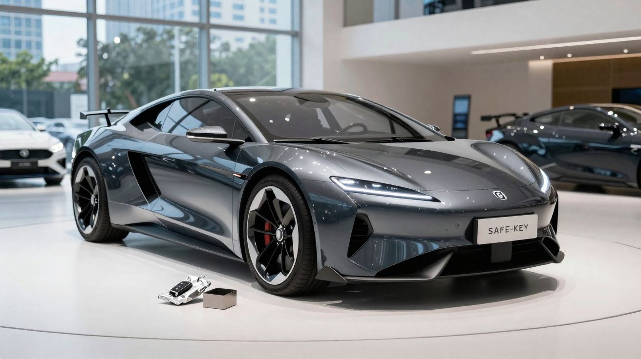 Carro esportivo preto exibido em showroom moderno, com chave eletrônica e caixa ao lado.