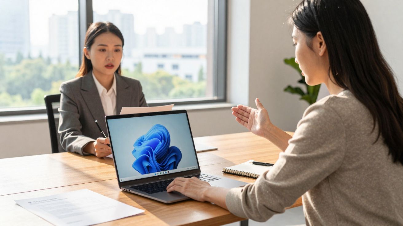 Duas mulheres em reunião de trabalho, uma usando laptop aberto sobre a mesa, discutindo documentos.
