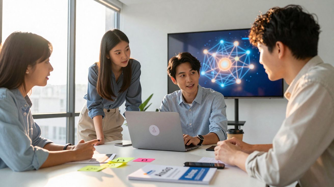 Equipe jovem discutindo projeto em sala de reunião moderna com laptop e tela digital ao fundo.