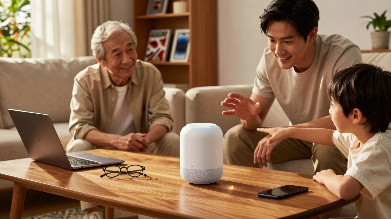 Homem, criança e idoso interagem com assistente virtual em mesa de sala com laptop e celular.
