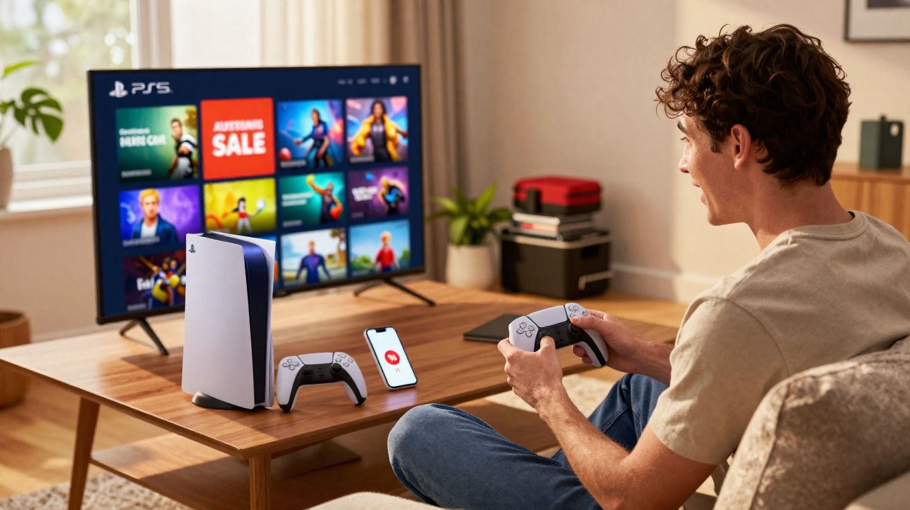 Homem sorrindo jogando videogame com controle de PlayStation 5 em sala com TV e console na mesa.
