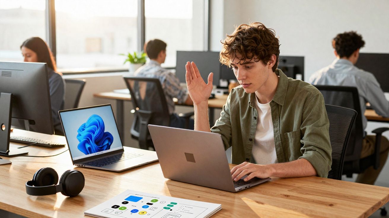 Jovem trabalhando em laptop em escritório moderno com outras pessoas ao fundo, headphones e documentos na mesa.