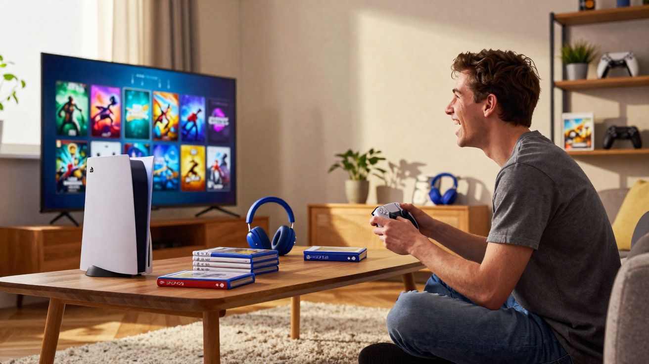 Jovem sorrindo joga videogame no sofá com console e controle PlayStation, TV exibindo jogos.