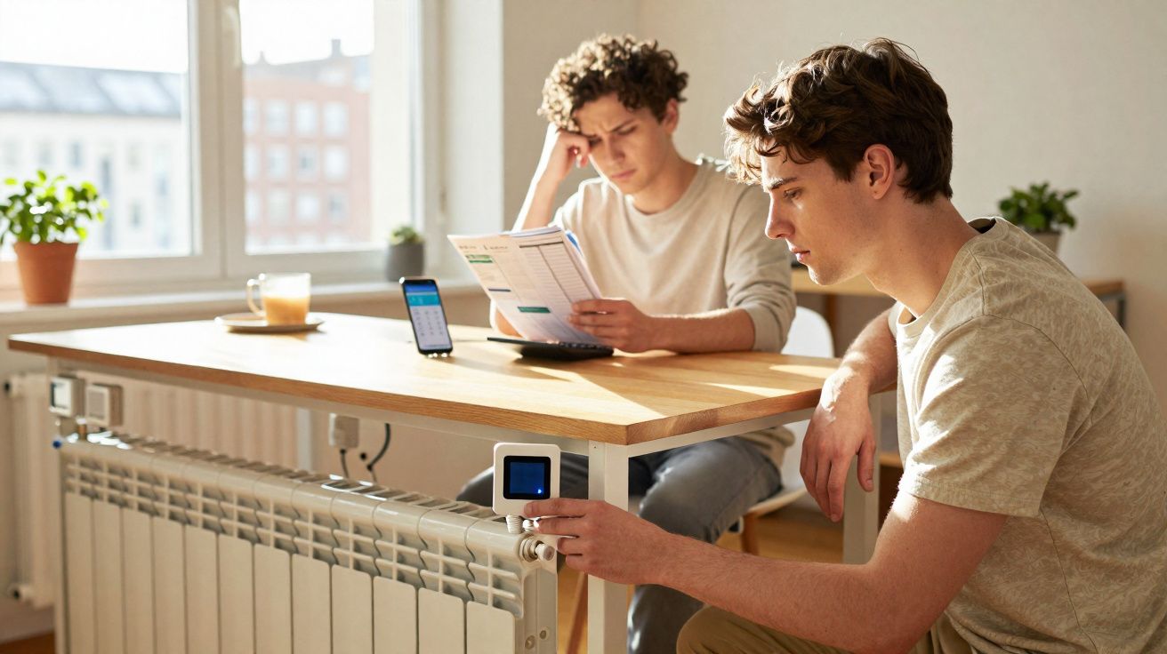 Dois jovens ajustam termostato de aquecedor em sala iluminada enquanto conferem contas sentados à mesa.