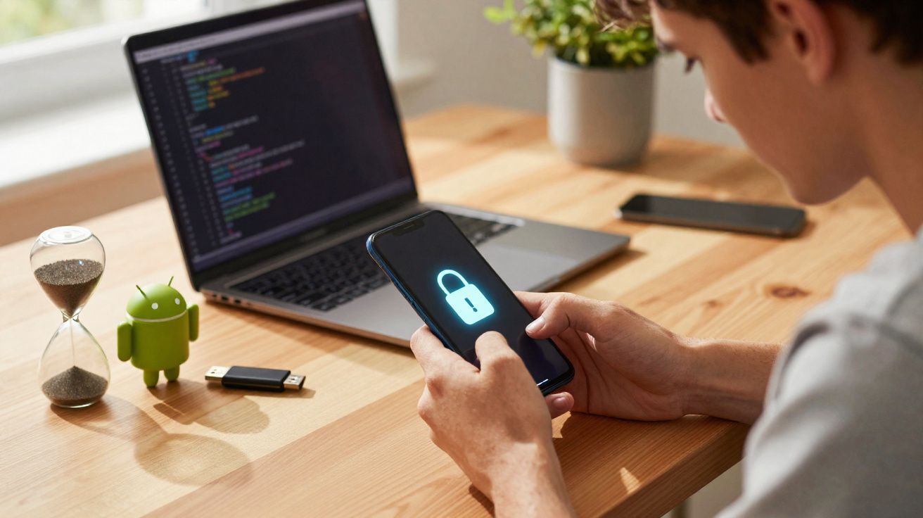 Pessoa segurando celular com ícone de cadeado, laptop e objetos sobre mesa de madeira.