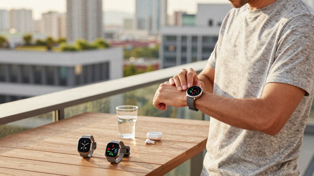 Homem em camiseta cinza ajustando relógio inteligente em varanda com cidade ao fundo e mesa de madeira com dispositivos.