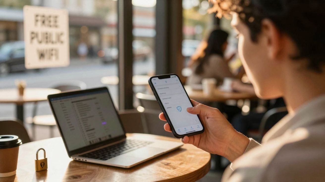 Pessoa segurando celular com app de segurança aberto, laptop e placa de Wi-Fi público grátis à vista.
