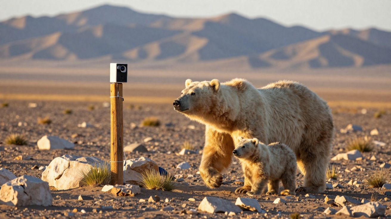 Urso pardo adulto e filhote próximos a uma câmera fixada em poste de madeira no deserto rochoso.