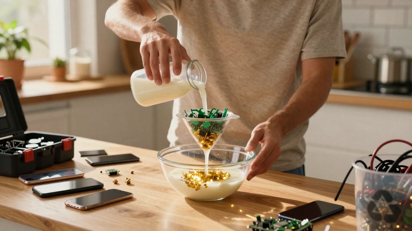 Pessoa despejando leite em pequenino funil cheio de componentes eletrônicos sobre mesa com celulares e ferramentas.