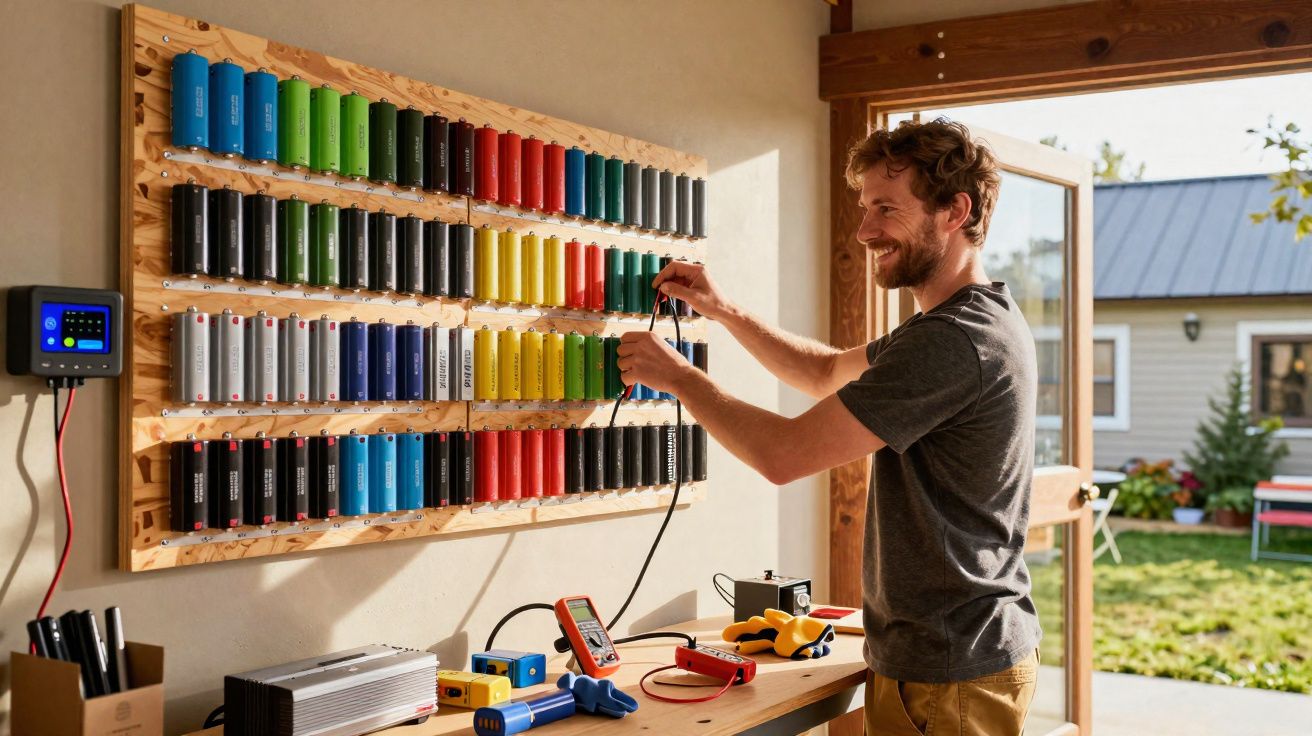 Homem organiza baterias coloridas em uma oficina iluminada com porta aberta para jardim.