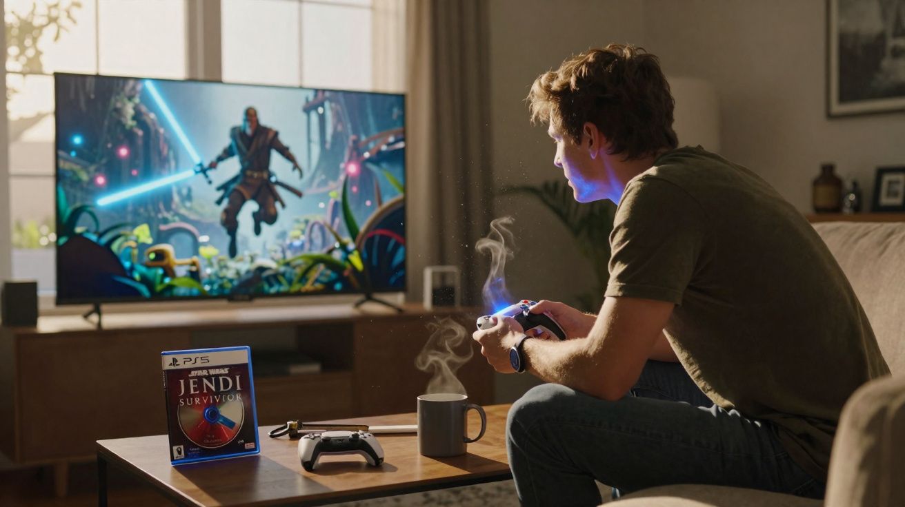 Jovem jogando videogame Star Wars Jedi: Survivor na sala com controle em mãos e bebida fumegante na mesa.