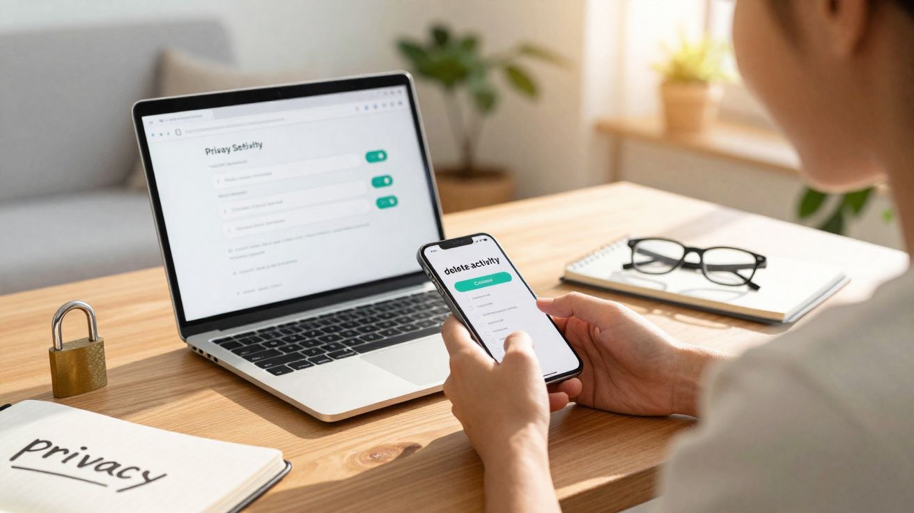 Pessoa segurando celular com configurações de privacidade, ao fundo laptop e mesa de trabalho organizada.