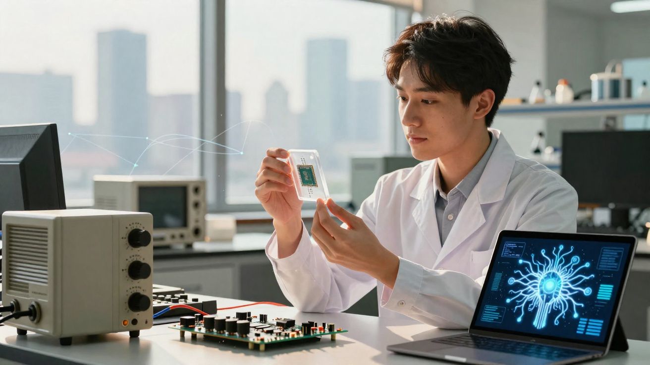 Cientista em laboratório analisa chip eletrônico enquanto notebook exibe imagem gráfica de circuito neural.