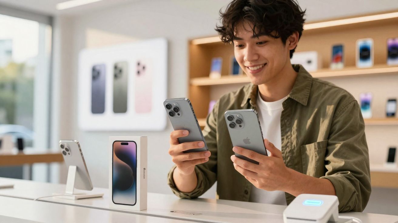Jovem sorridente segurando dois celulares iPhone em loja de tecnologia com produtos expostos ao fundo.