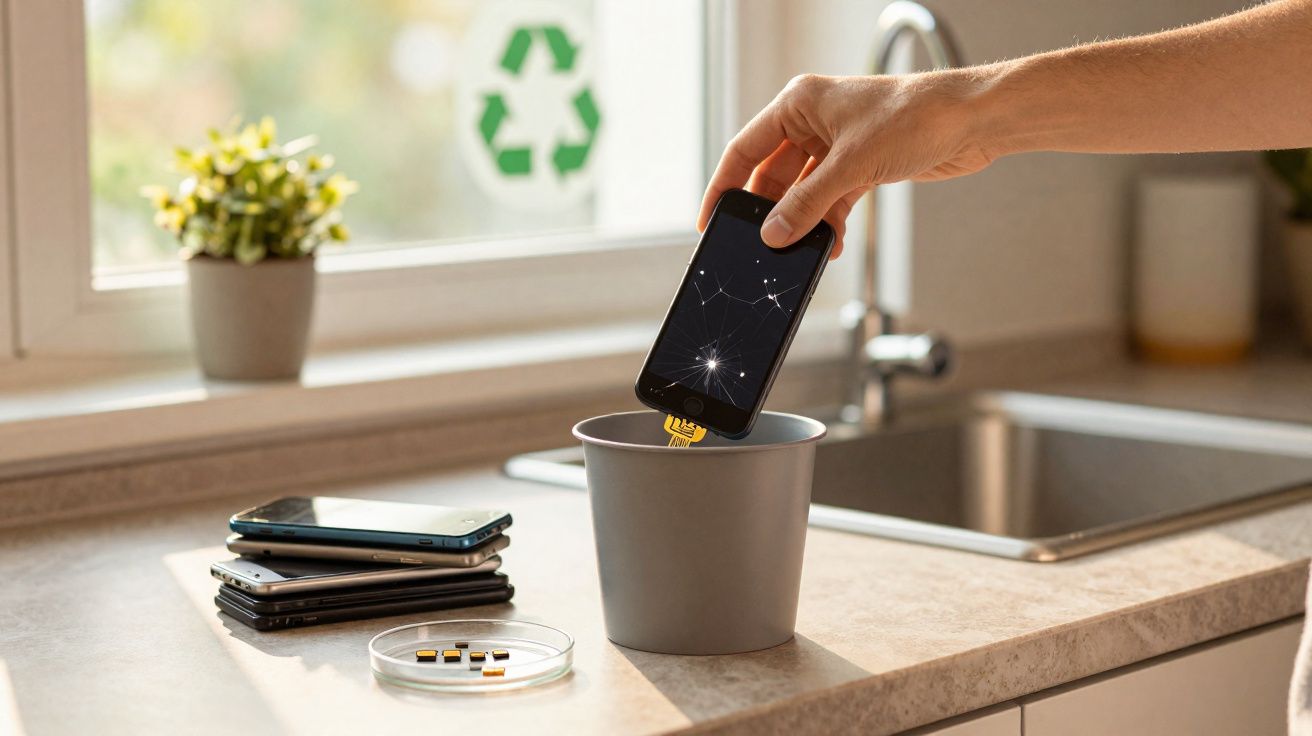 Pessoa descartando celular quebrado em lixeira cinza, com vários celulares empilhados ao lado na bancada.