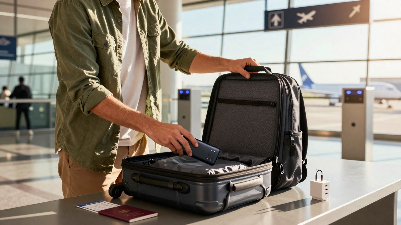 Pessoa organizando mala de mão no aeroporto, com passaporte, carregador e mochila sobre a mesa.