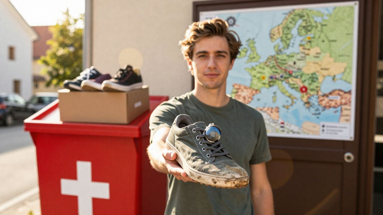 Jovem segura tênis usado com dispositivo antirroubo, com mapa da Europa e caixote vermelho ao fundo.