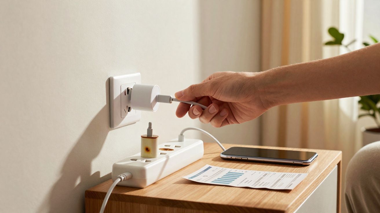 Pessoa conectando cabo USB em tomada, com régua de energia, celular e boleto em mesa de madeira.