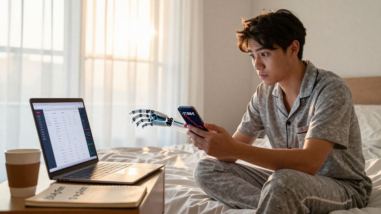 Homem com braço robótico sentado na cama, usando celular e olhando para laptop em mesa improvisada.