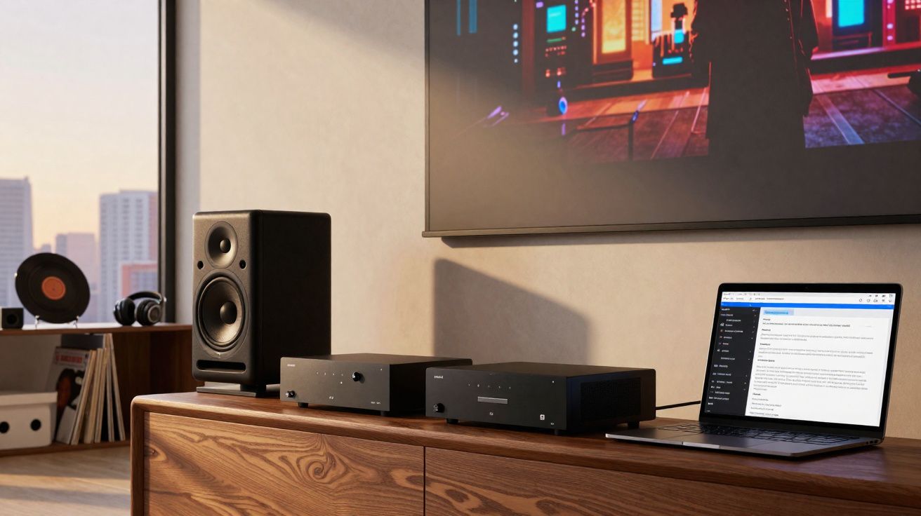 Home studio com caixa de som, equipamentos de som digitais e laptop em móvel de madeira.