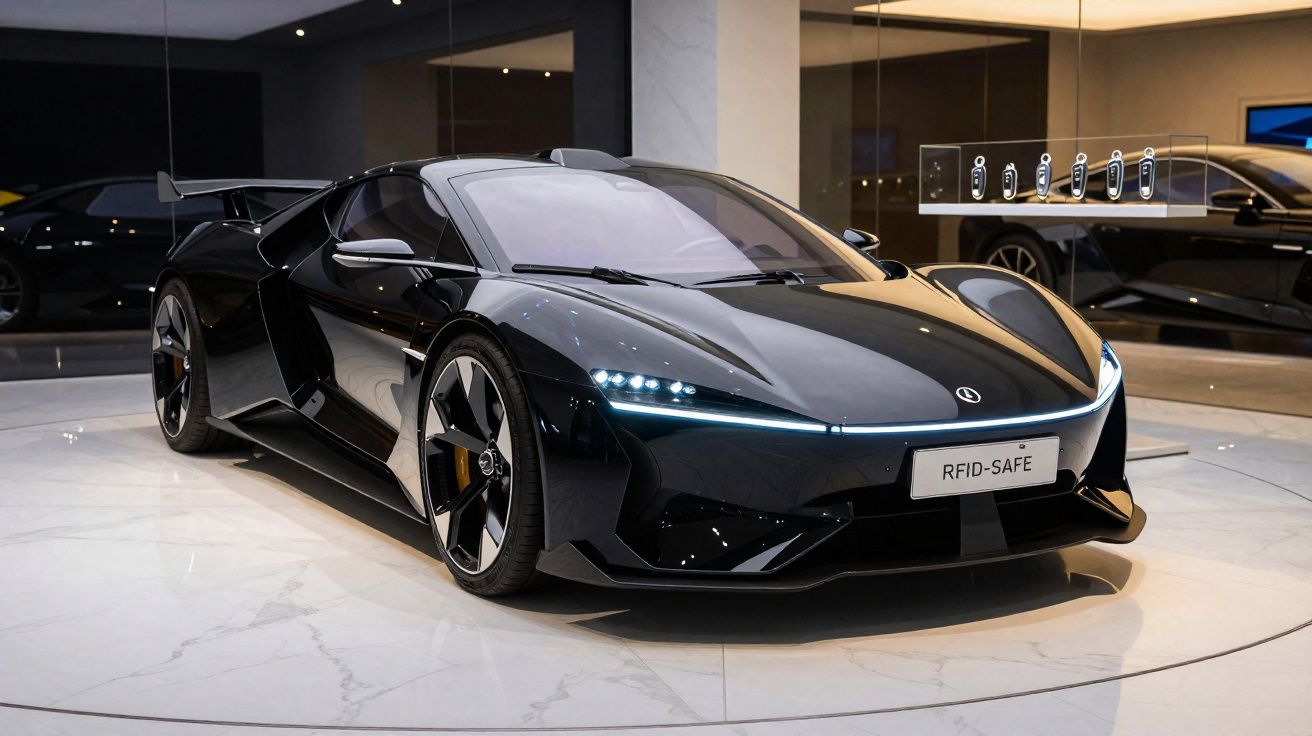 Carro esportivo elétrico preto estacionado em ambiente interno com teto baixo e luzes acesas.