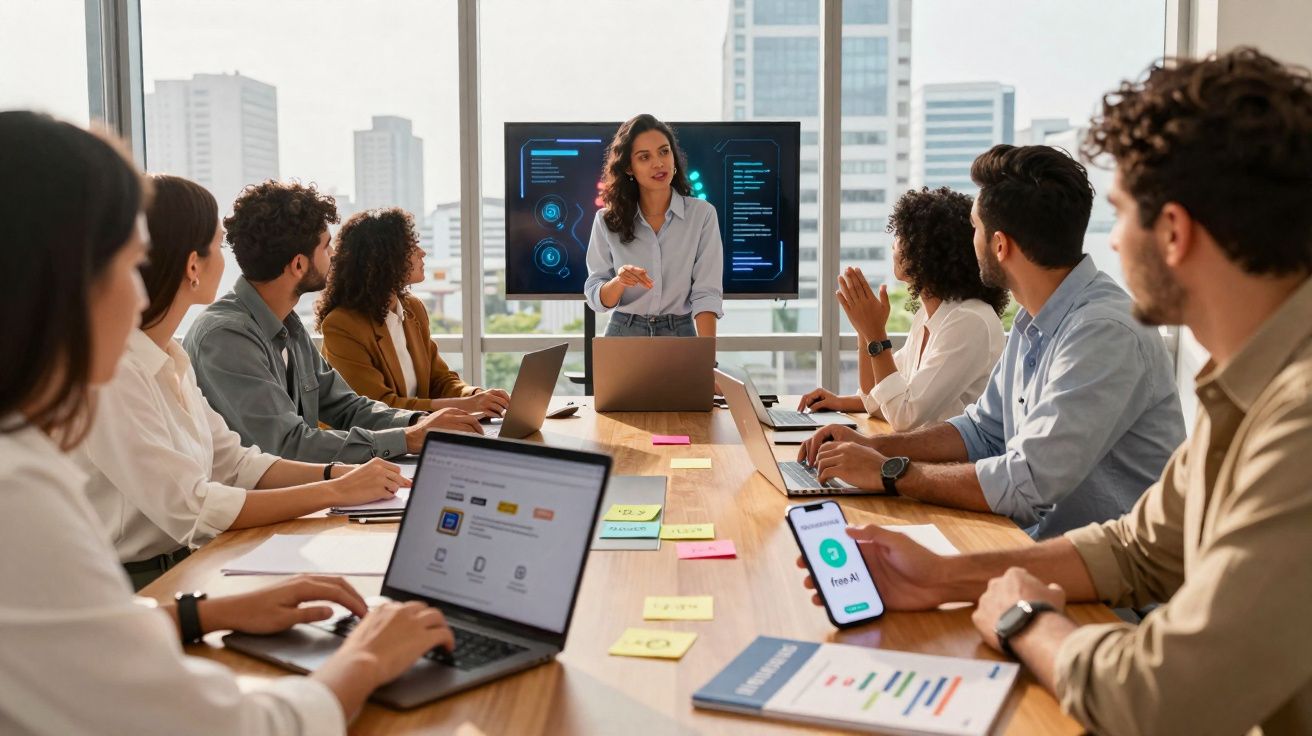 Equipe diversa em reunião na sala de conferência com laptops e apresentação em tela digital.
