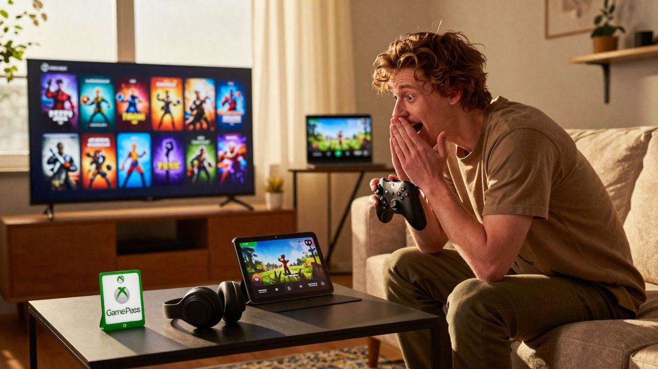 Jovem emocionado jogando videogame com controle, TV, tablet e fone de ouvido em sala de estar.