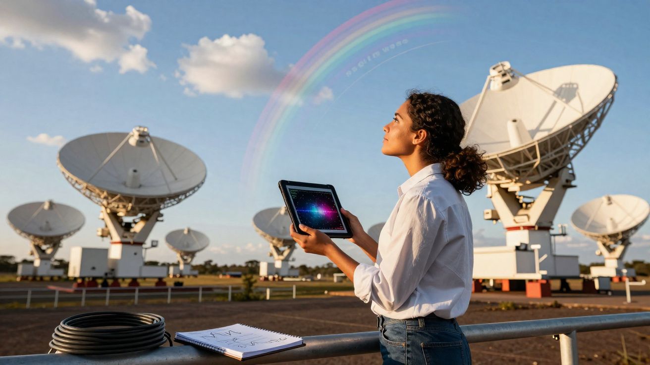Mulher segurando tablet com gráficos, perto de antenas parabólicas sob céu azul com arco-íris.