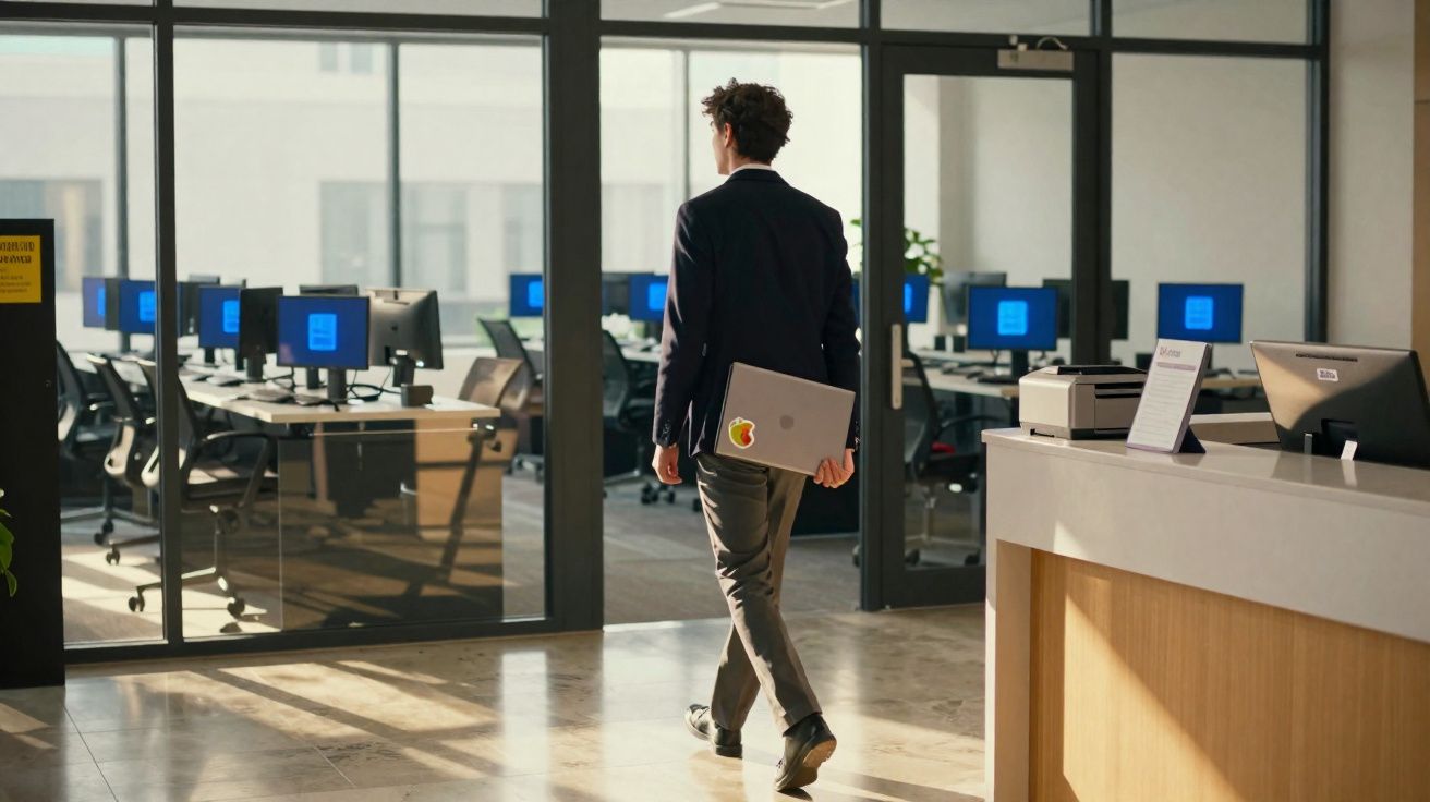 Homem de terno caminhando em escritório moderno com laptop na mão e estações de trabalho ao fundo.