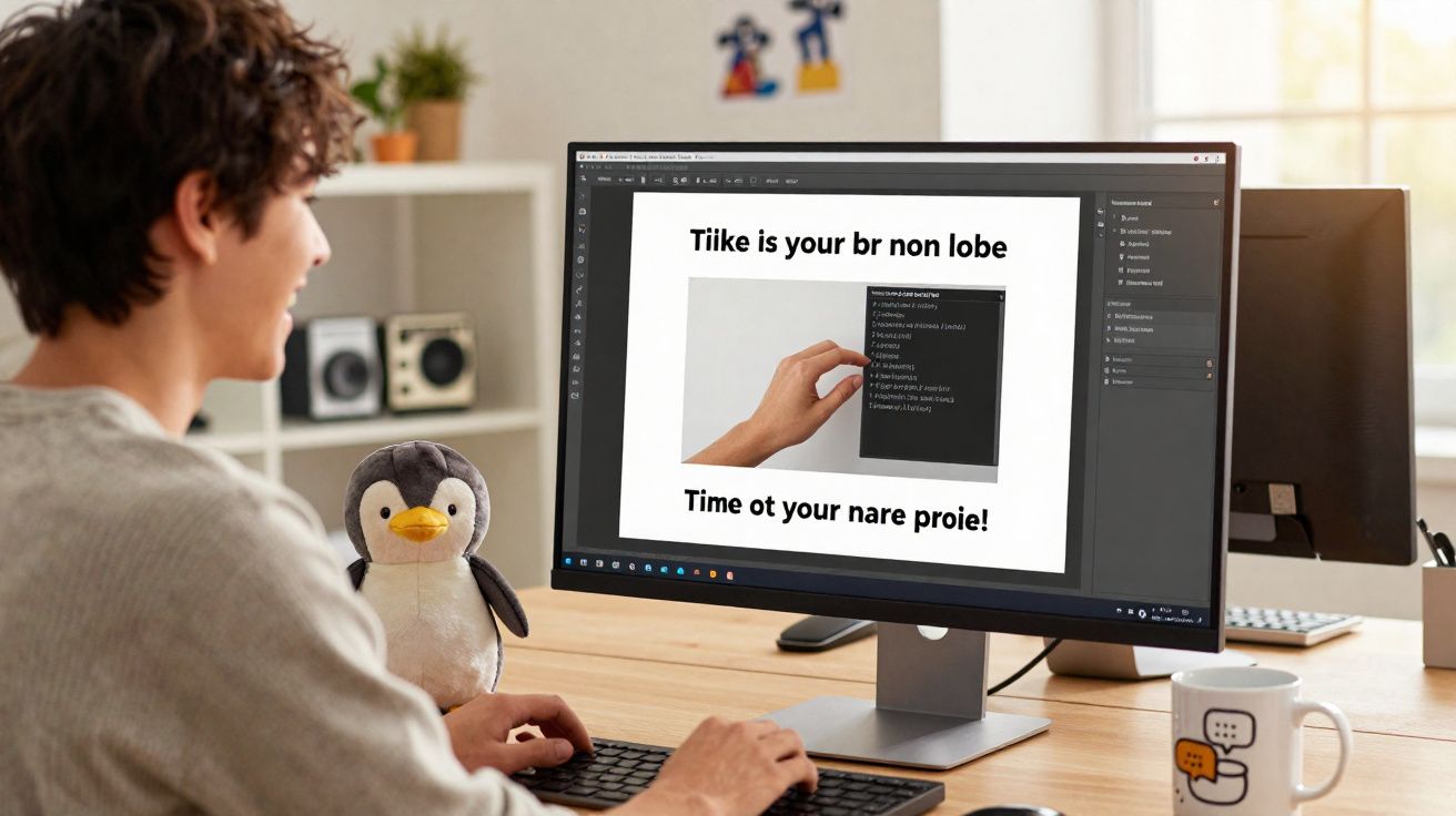 Pessoa usando computador desktop com tela exibindo edição de imagem e um pinguim de pelúcia na mesa.