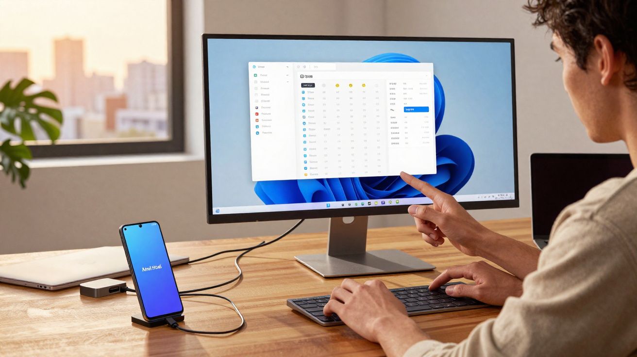 Pessoa usando computador desktop com tela grande e smartphone conectado sobre mesa de madeira.