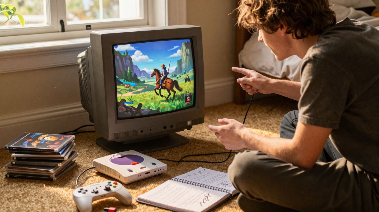 Jovem jogando videogame retrô em TV CRT com console e controles ao lado, caderno aberto no chão.