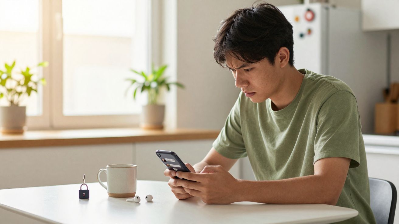 Jovem sentado à mesa, concentrado no celular, com fones de ouvido, caneca e cadeado sobre a mesa.