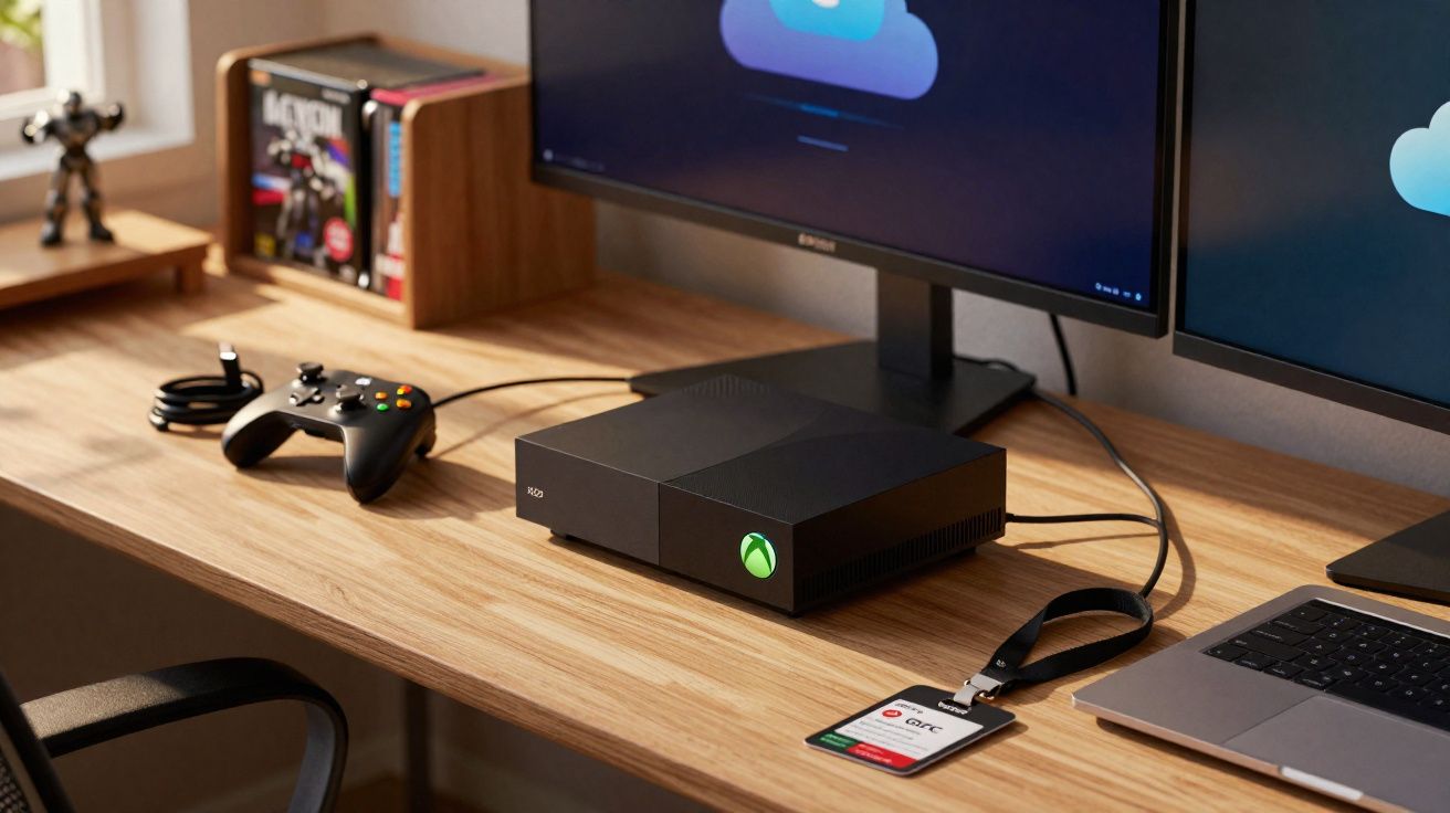 Console Xbox One preto com controle e dois monitores em mesa de madeira em ambiente de escritório.