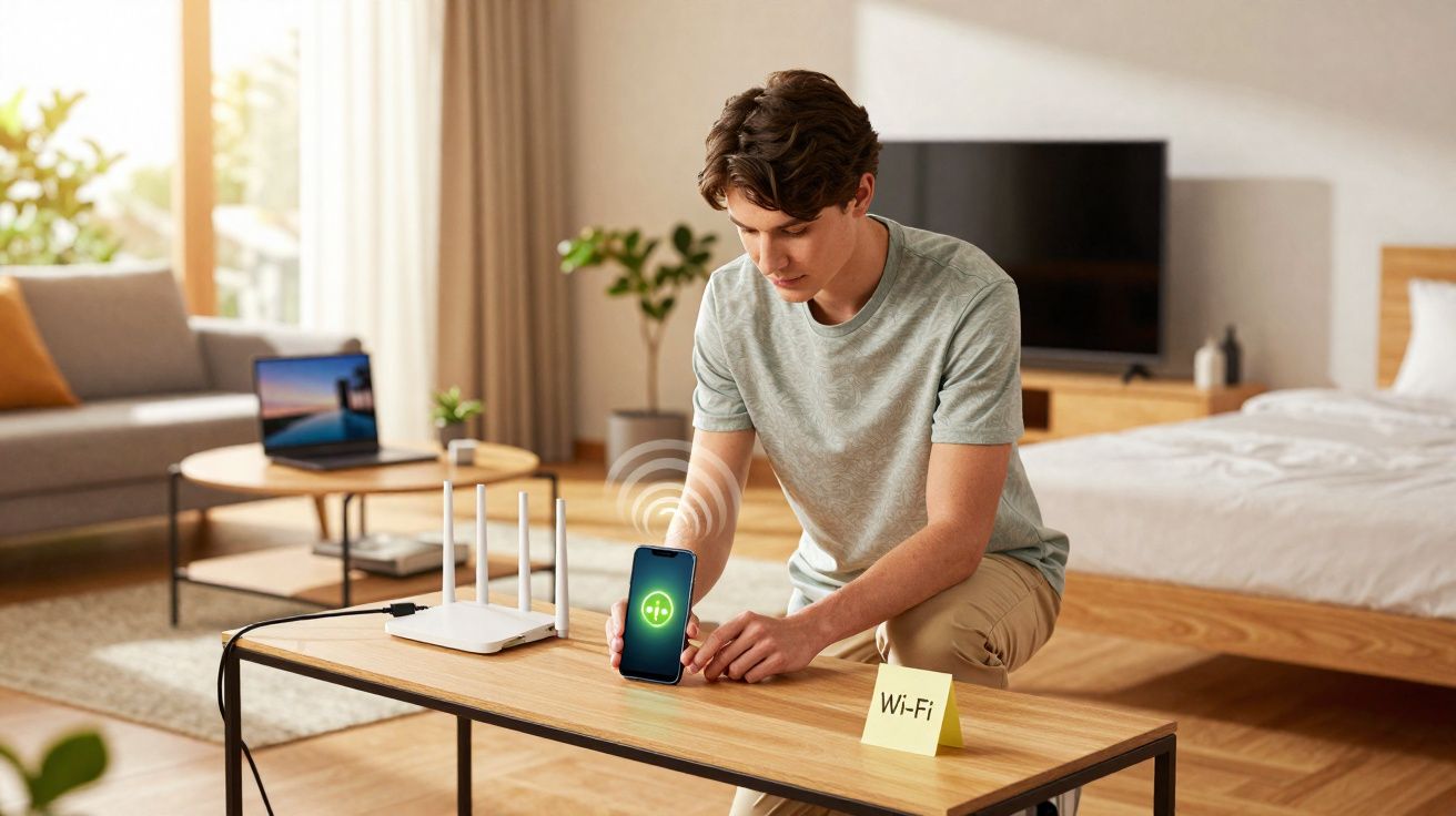 Jovem conecta smartphone ao roteador Wi-Fi em sala de estar com cama e televisão ao fundo.